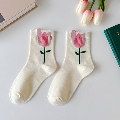 1 Pair Cartoon Flower Candy Color Harajuku Kawaii Mid Tube Socks Breathable Casual Short Socks